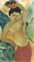 Staande jongen met rode broek en fruitmand